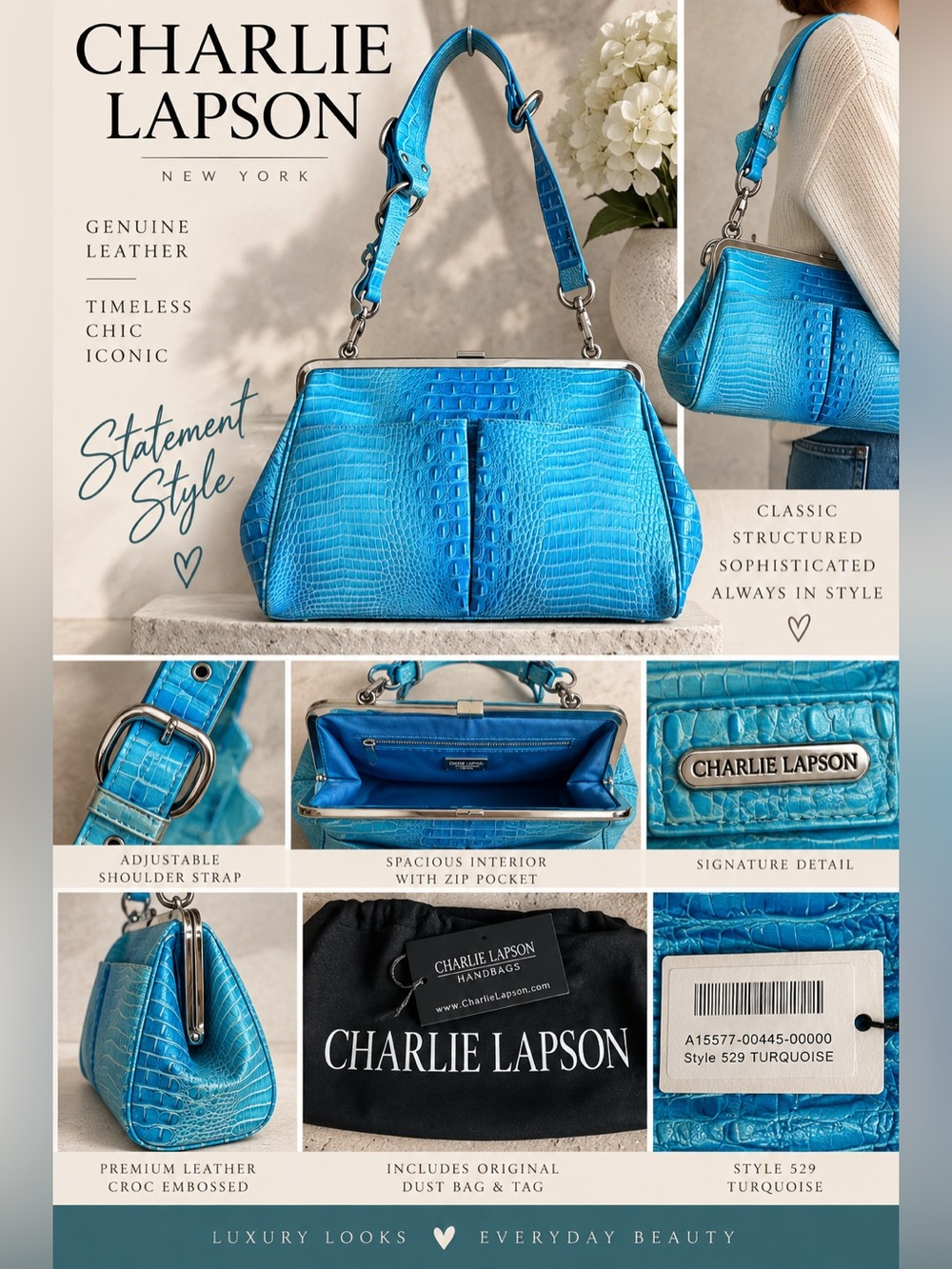 Charlie Lapson Turquoise Croc Embossed Genuine Leather Frame Shoulder Bag